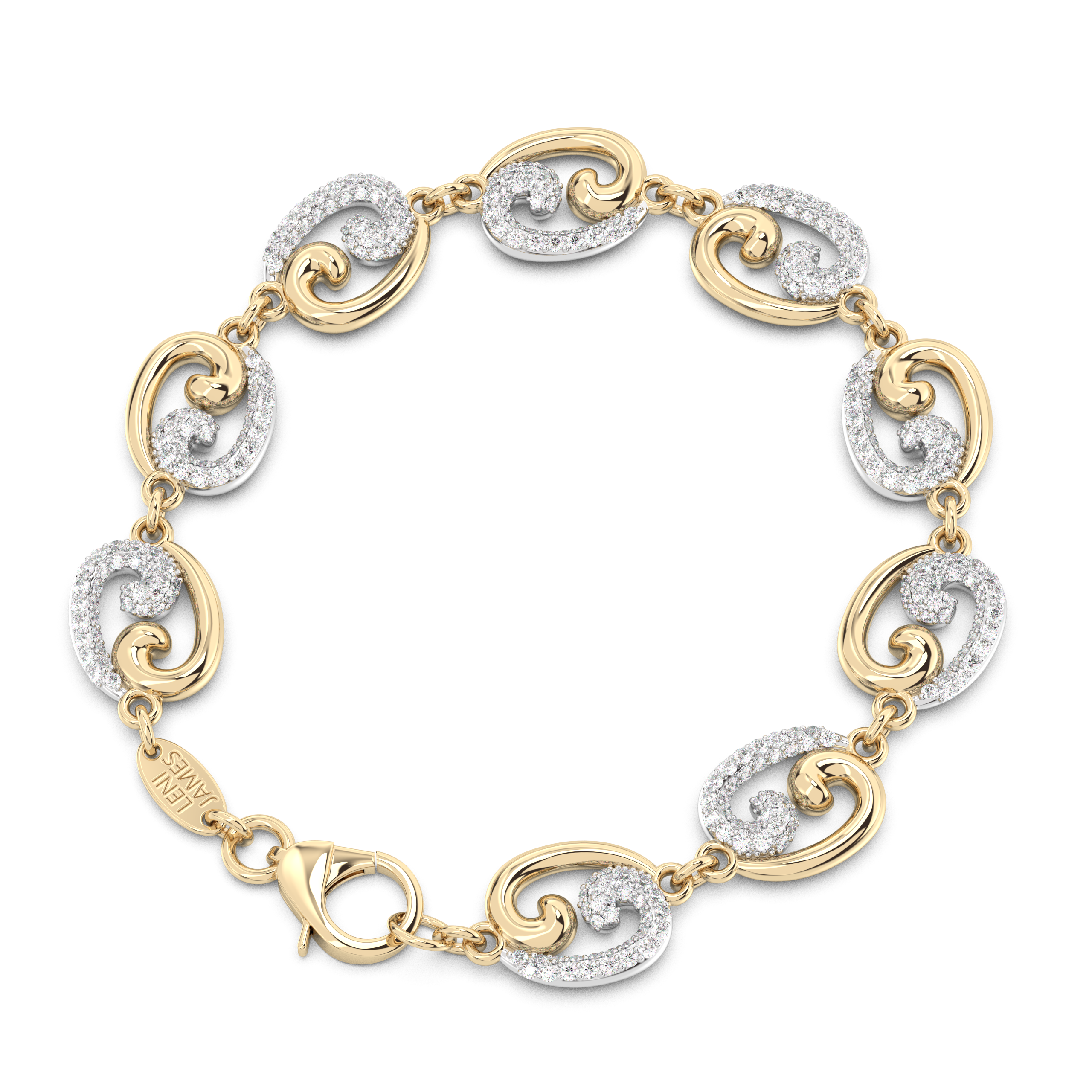 Fibonacci spiral 2 tone bracelet with alternating pave diamond links