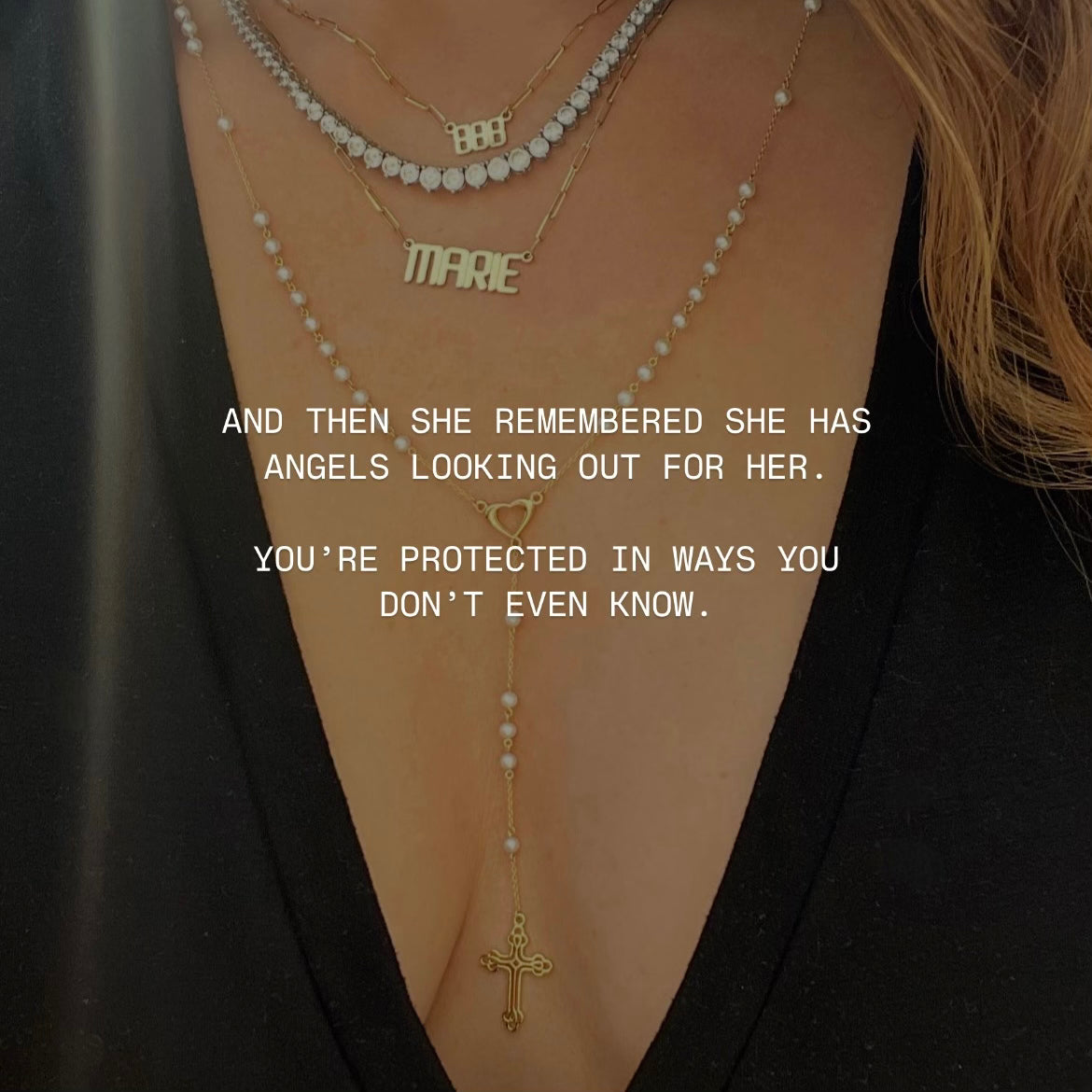 Pearl rosary necklace, nameplates, and graduated tennis necklace, with a quote about angels and protection
