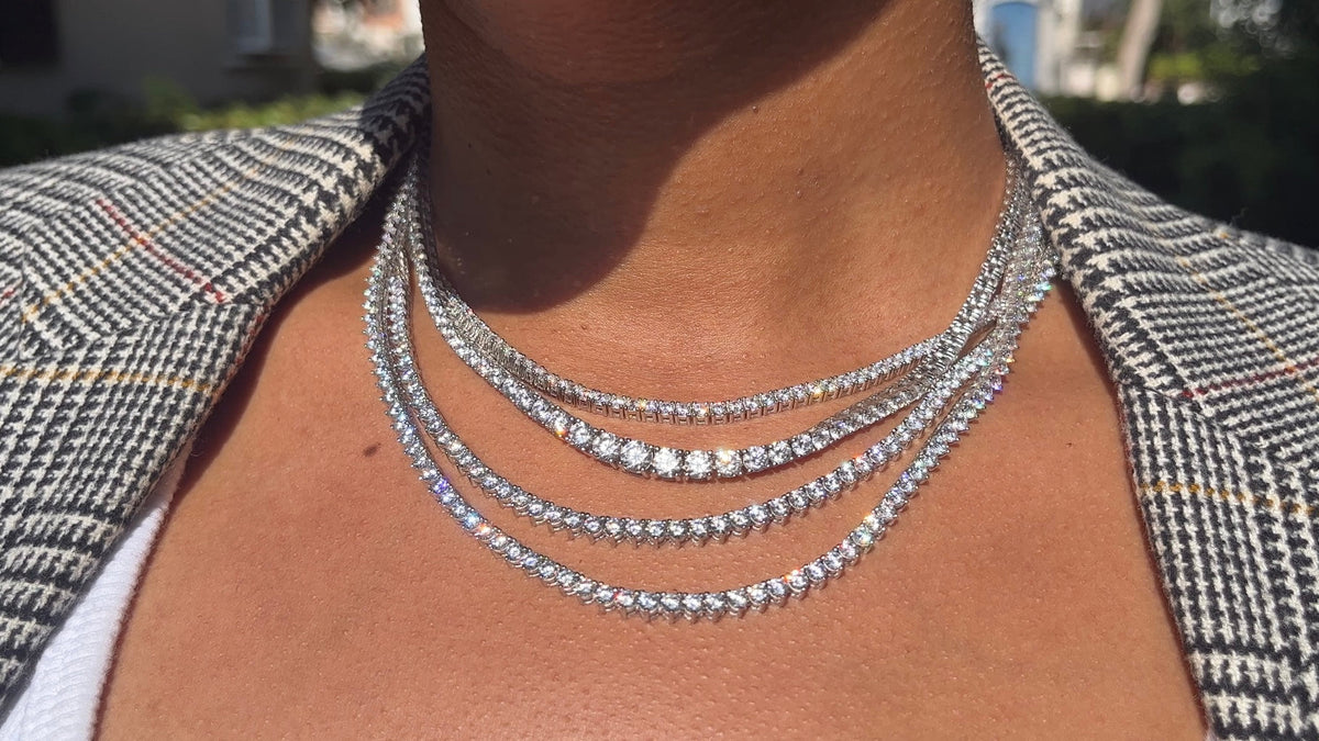 Our lab grown tennis necklaces shown on a neck