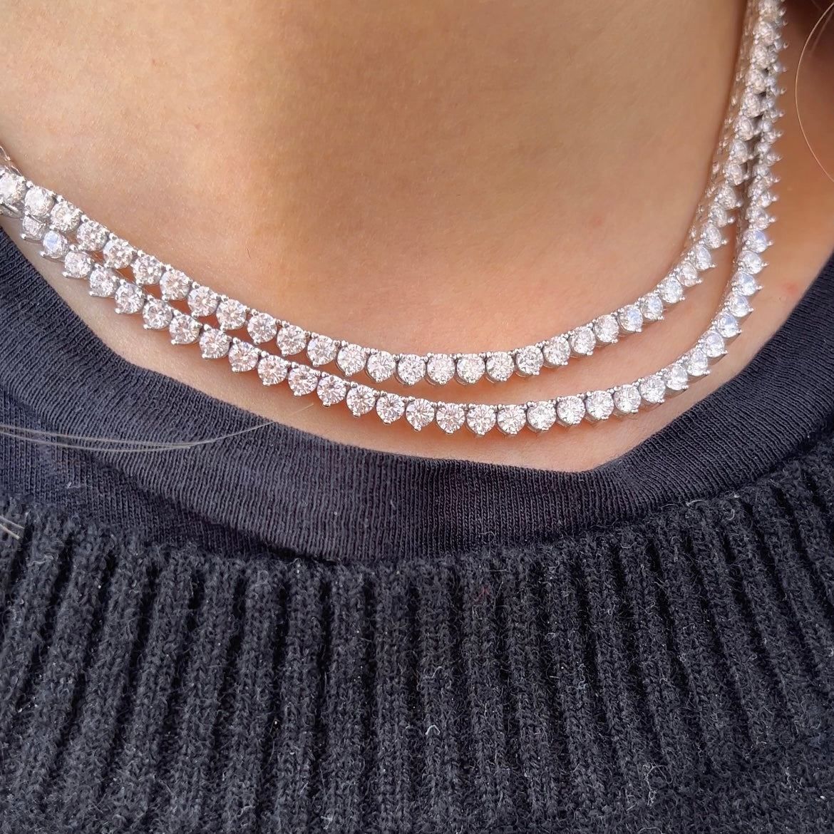 Our 3 prong 3mm tennis necklace shown on neck
