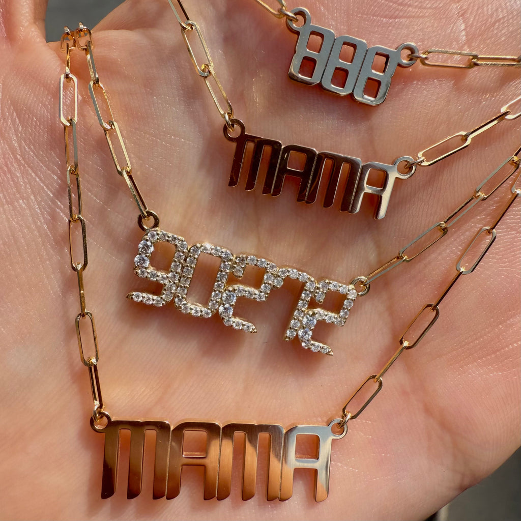Leni James gold nameplate necklaces with Mama, diamond 90272, and 888 necklaces 