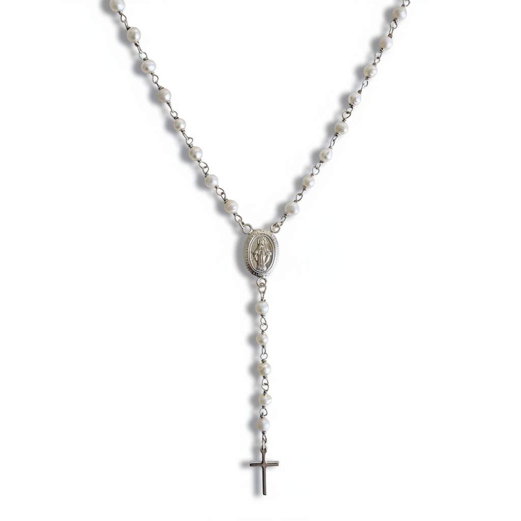 Pearl rosary necklace Virgin Mary 