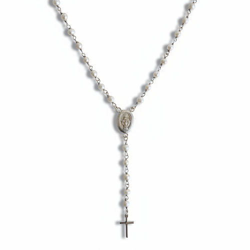 Pearl rosary necklace Virgin Mary 