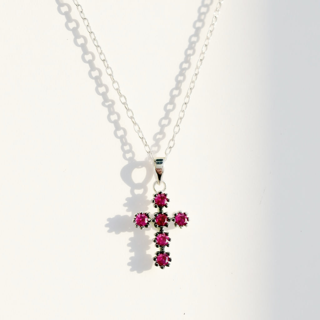 Bailey pink ruby mini cross necklace in sterling silver 