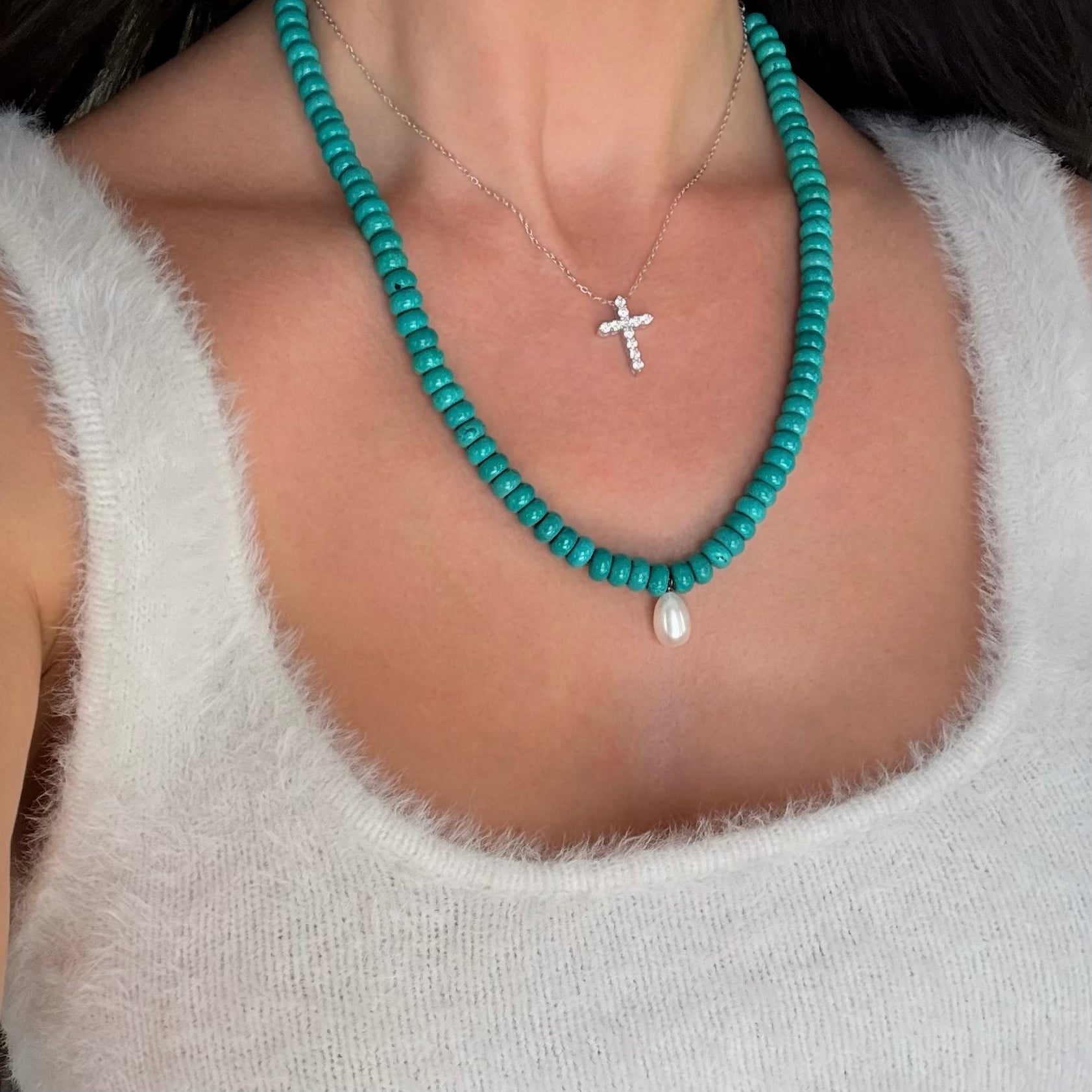 Pave cross pendant necklace with turquoise beads