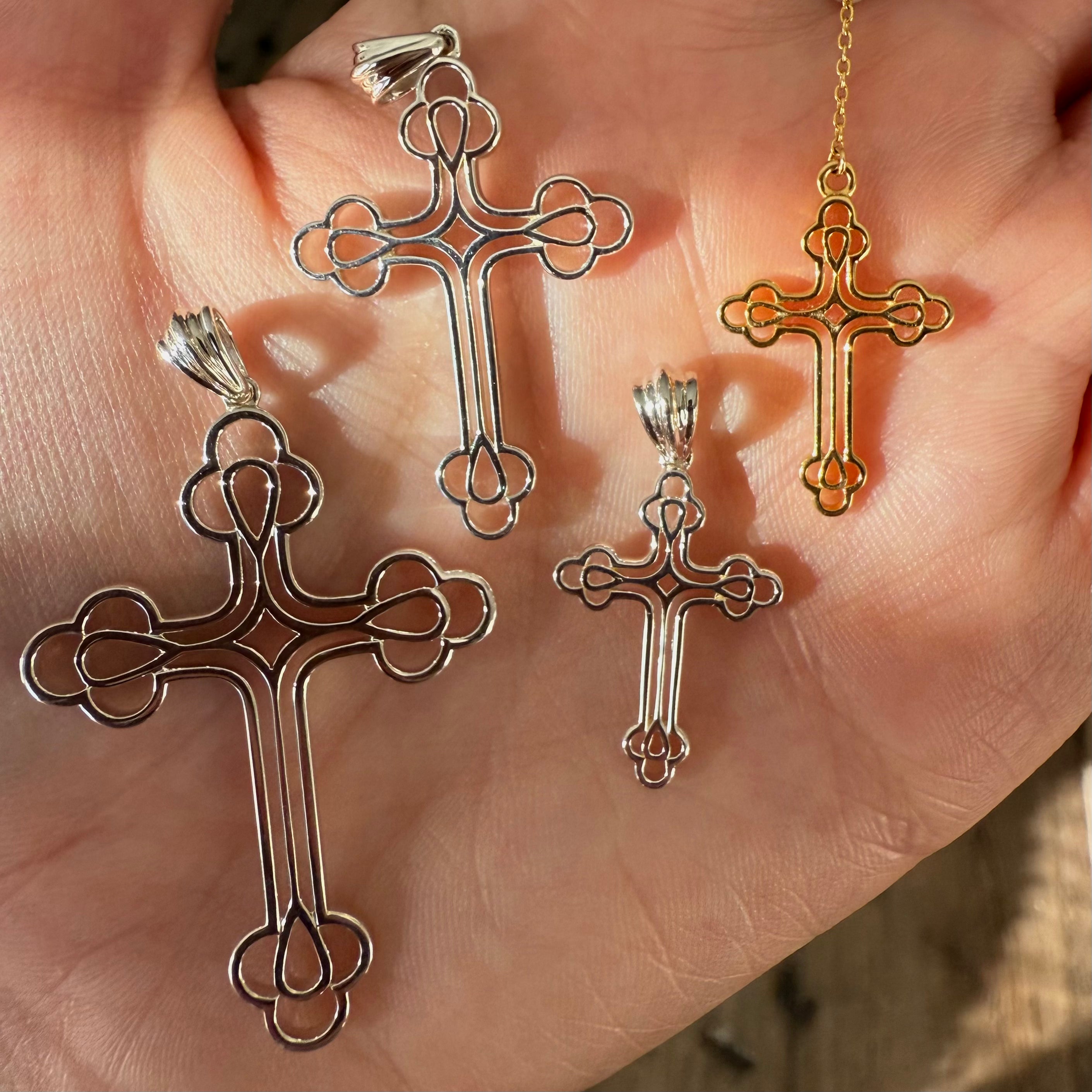 Our billie cross pendant in 3 sizes in sterling silver and gold