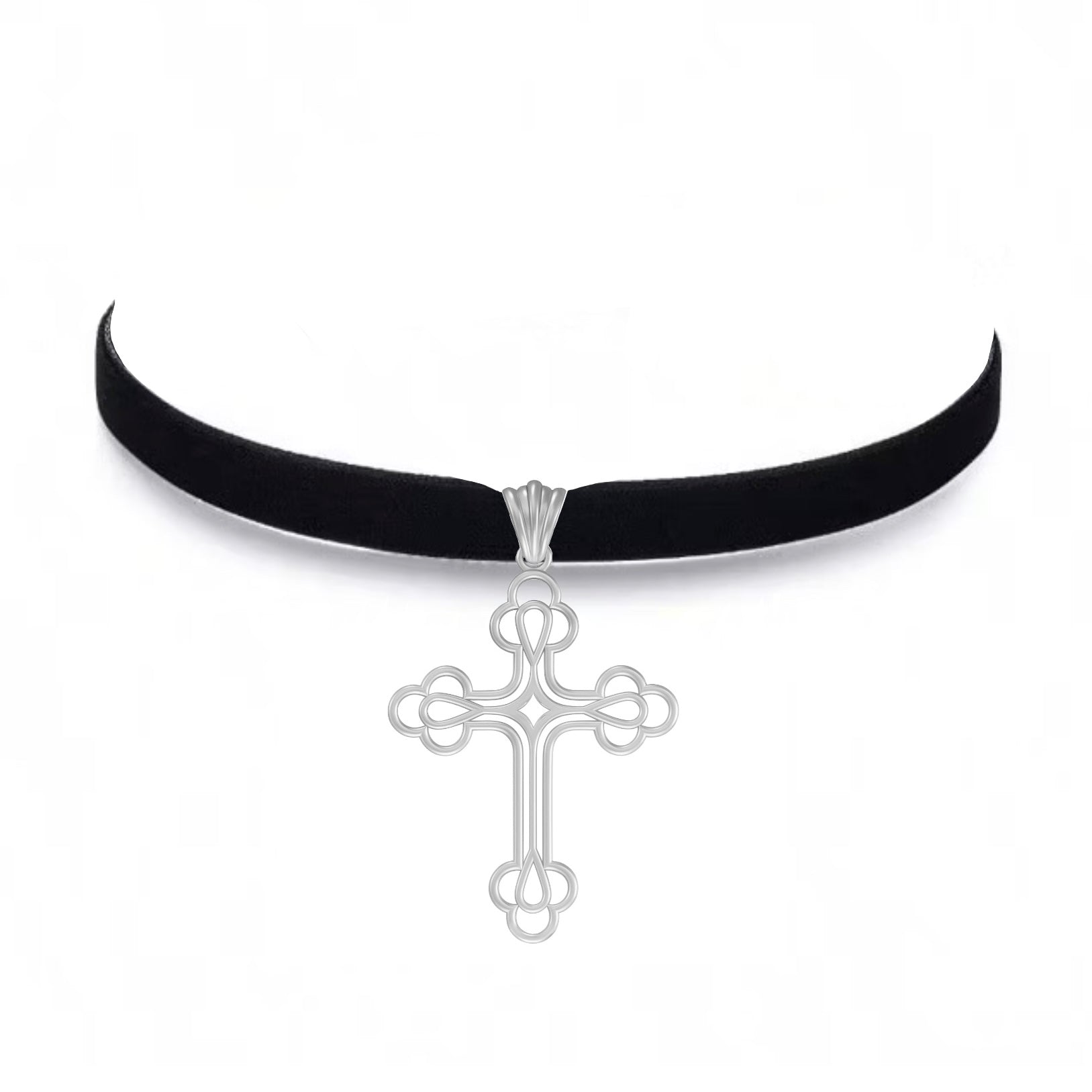 Black velvet choker with a silver cross pendant on a white background