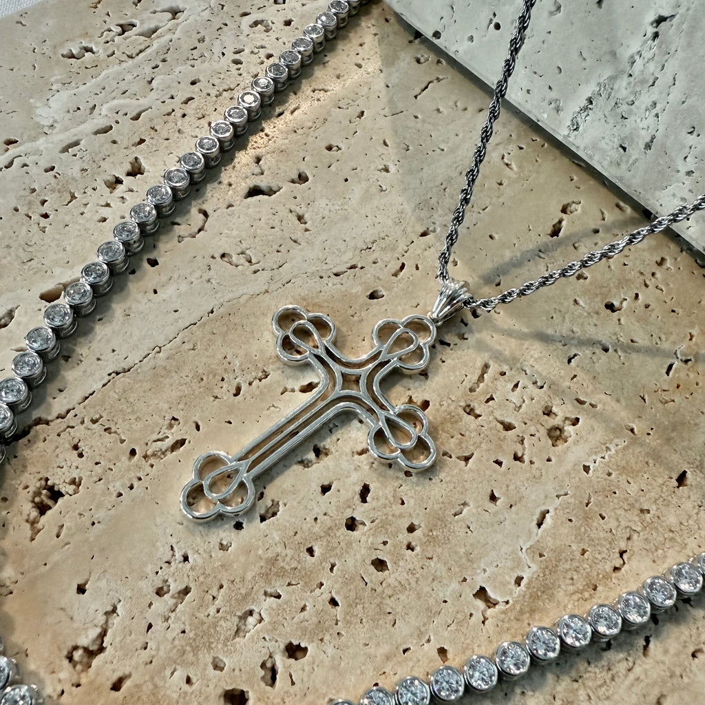 Silver cross pendant with bezel tennis necklace 