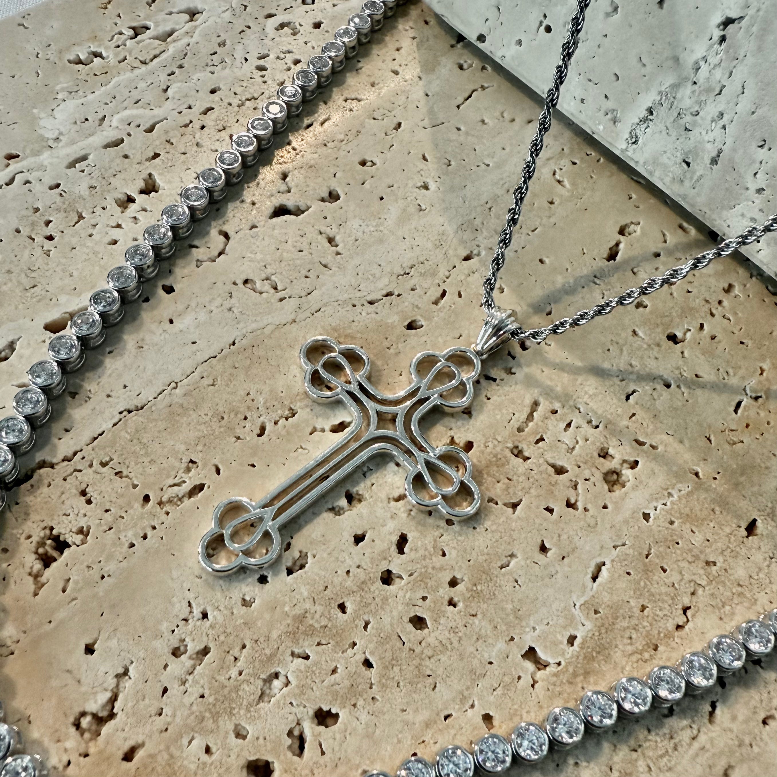 Silver cross pendant with bezel tennis necklace 
