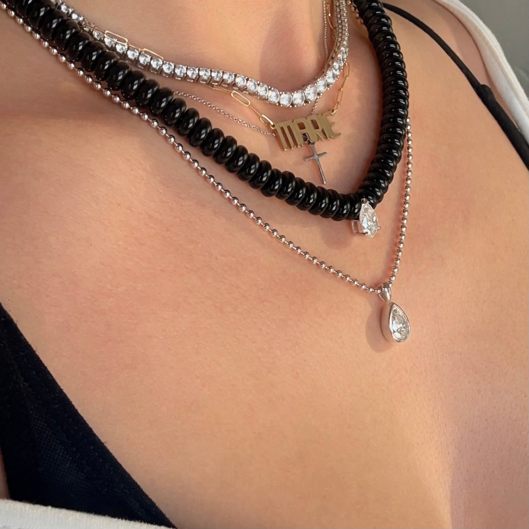 Black agate and moissanite necklace stack 