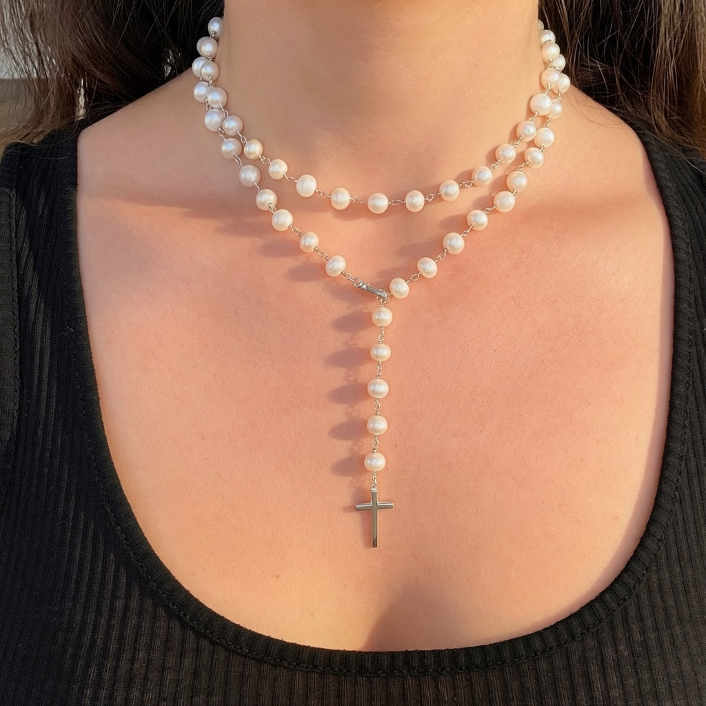 Double pearl rosary necklace 