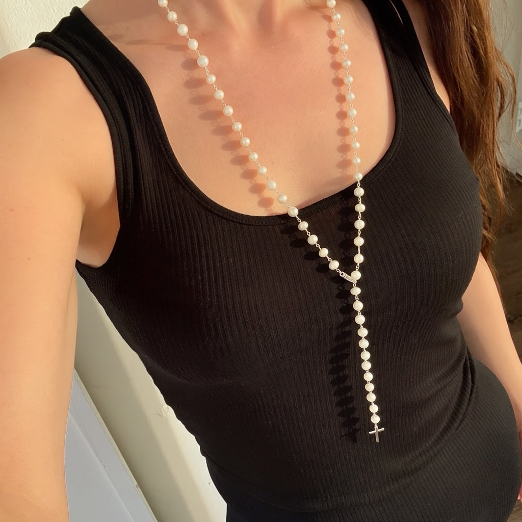 Pearl rosary necklace adjustable 