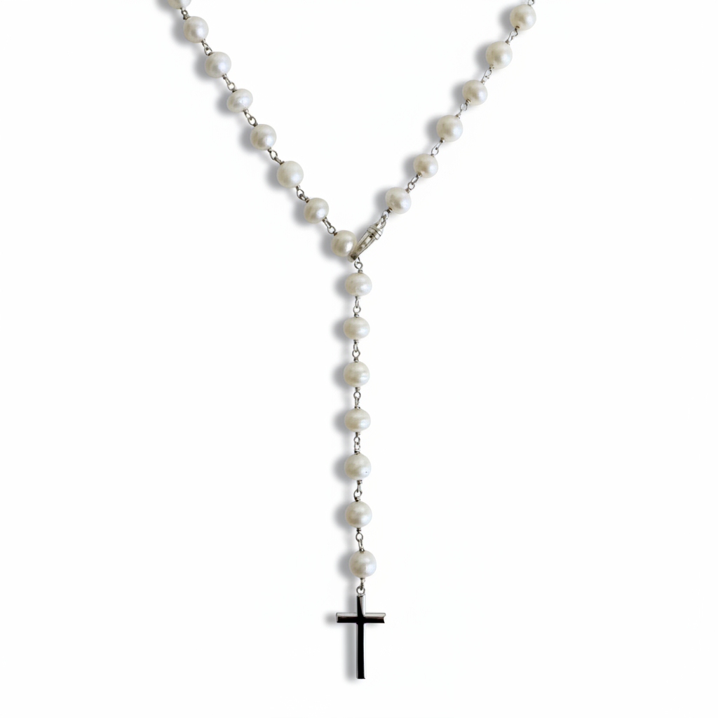 Pearl rosary necklace cross
