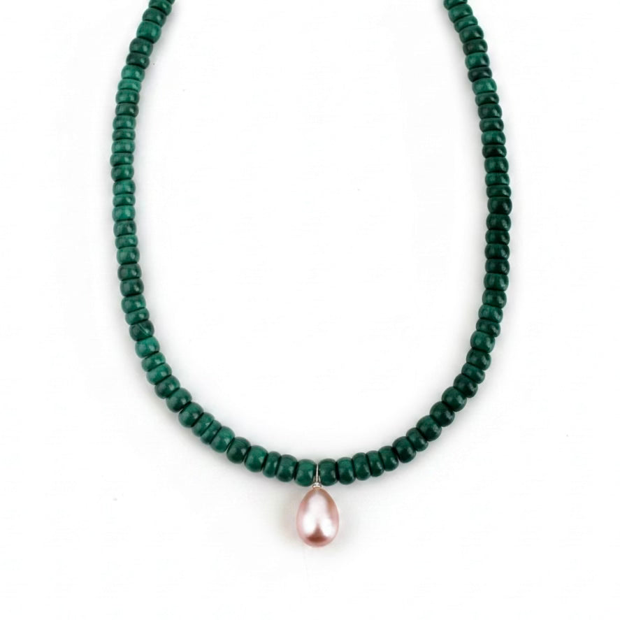 Green malachite beaded necklace with a lavender pink teardrop pearl 