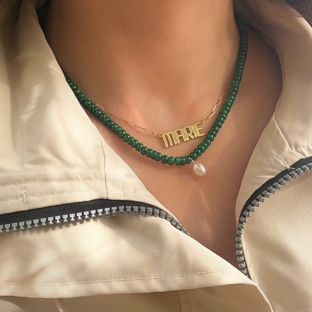 Malachite beaded necklace with pink drop pearl and gold nameplate necklace 