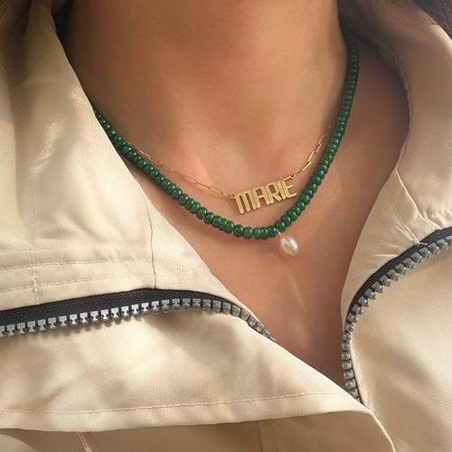 Malachite beaded necklace with pink drop pearl and gold nameplate necklace 