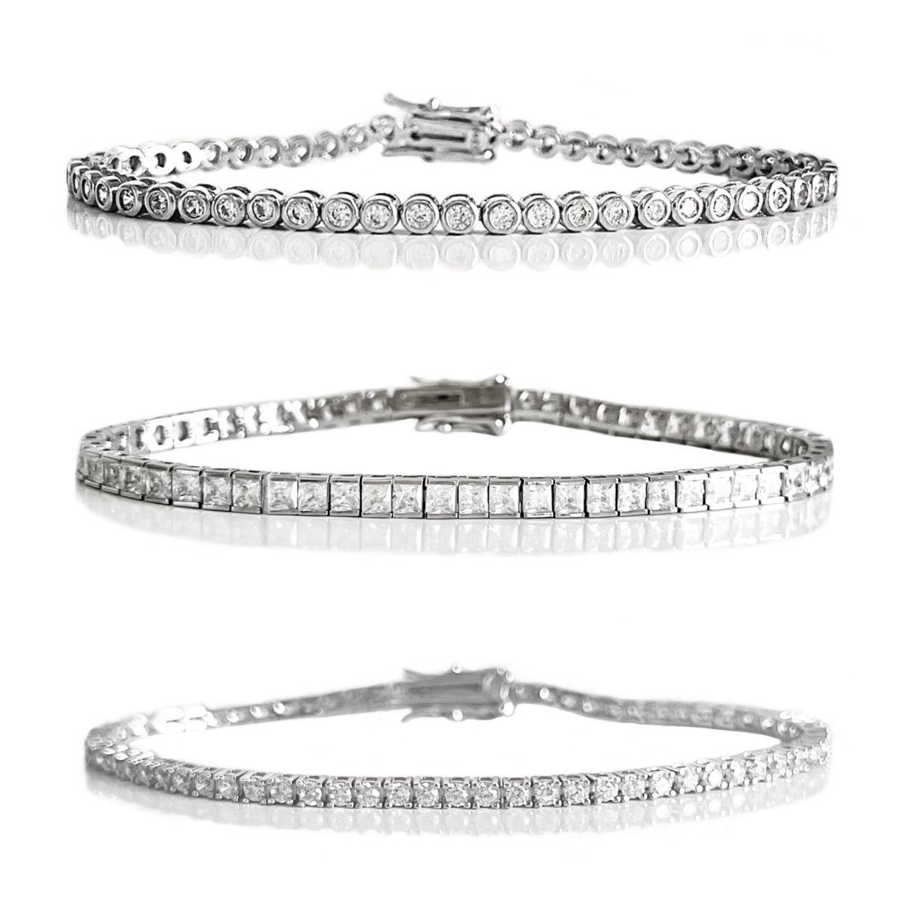 Three diamond tennis bracelets on a white background part of our “cool girl” tennis bracelet set
