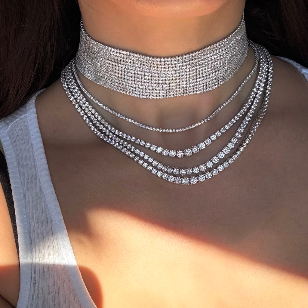 Paris tennis choker necklace styled with diamond alternative tennis necklaces graduated 