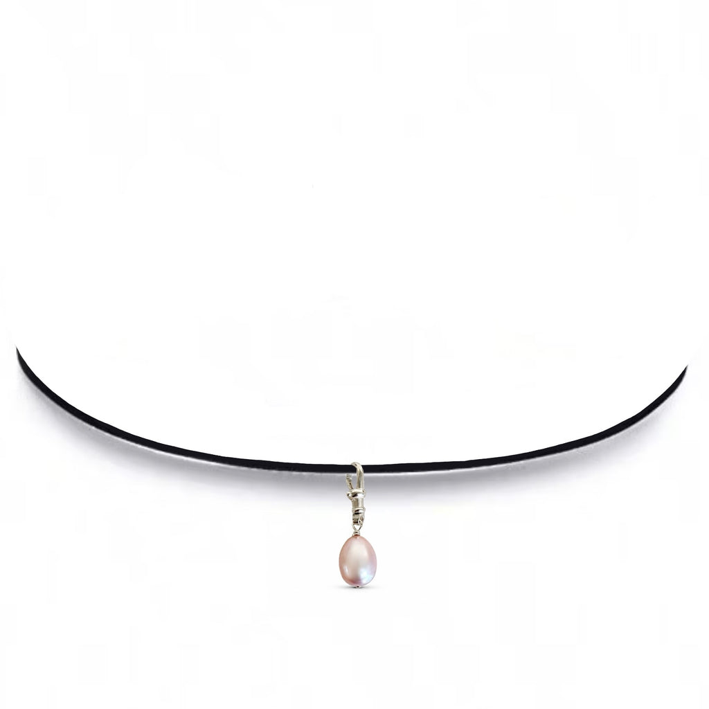 A lavender pink freshwater pearl drop charm choker necklace on thin black velvet ribbon