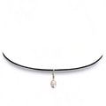 A lavender pink freshwater pearl drop charm choker necklace on thin black velvet ribbon