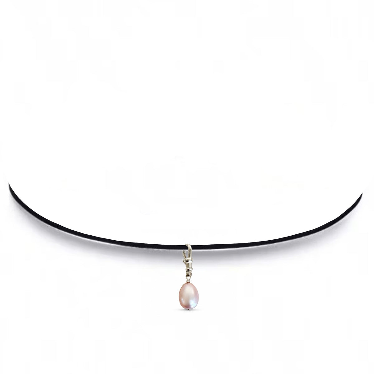 A lavender pink freshwater pearl drop charm choker necklace on thin black velvet ribbon