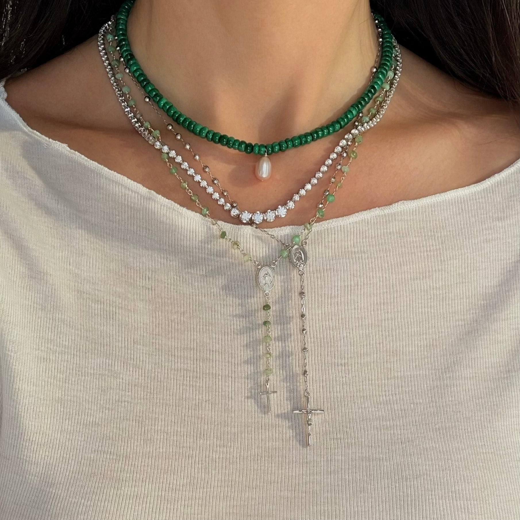 Sterling silver green rosary necklaces with malachite beads and tennis necklace 