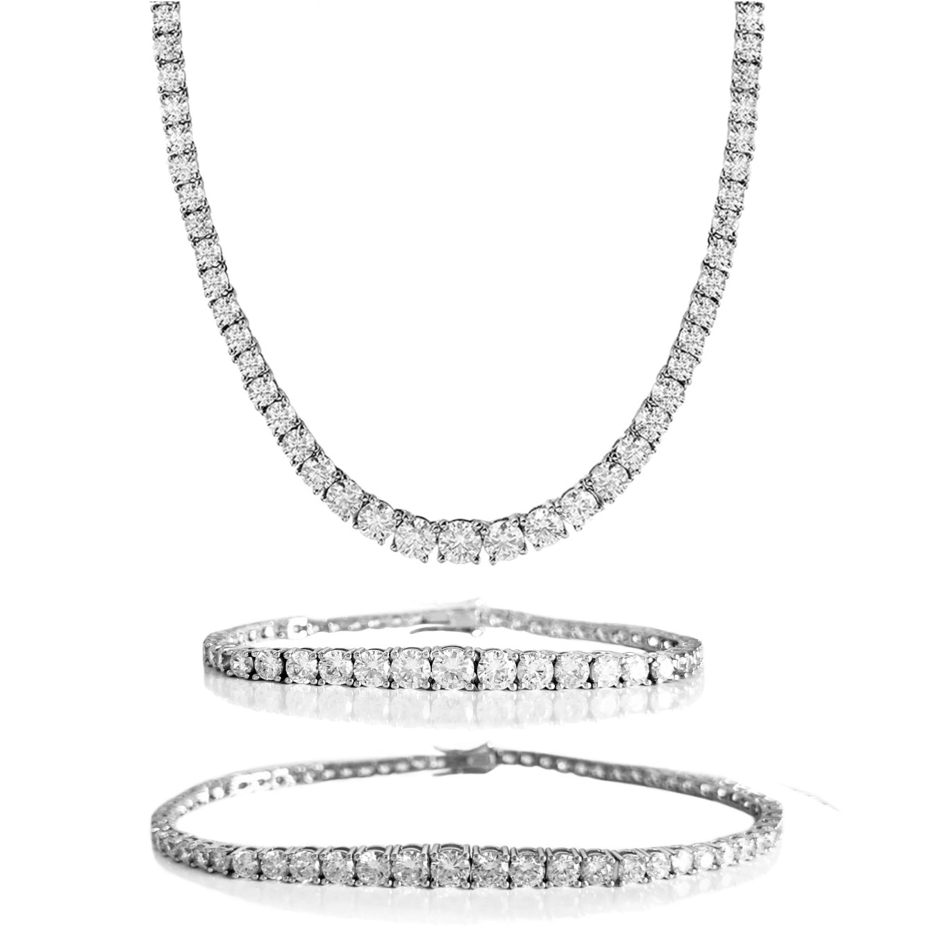 Trio set of our Jaimie 4 prong graduated tennis necklace, bracelet and anklet