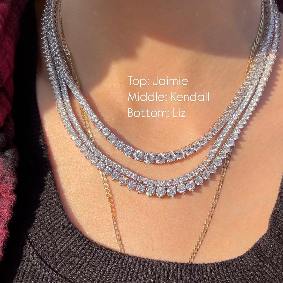 Three diamond tennis necklaces labeled 'Top: Jaimie', 'Middle: Kendall', and 'Bottom: Liz' 