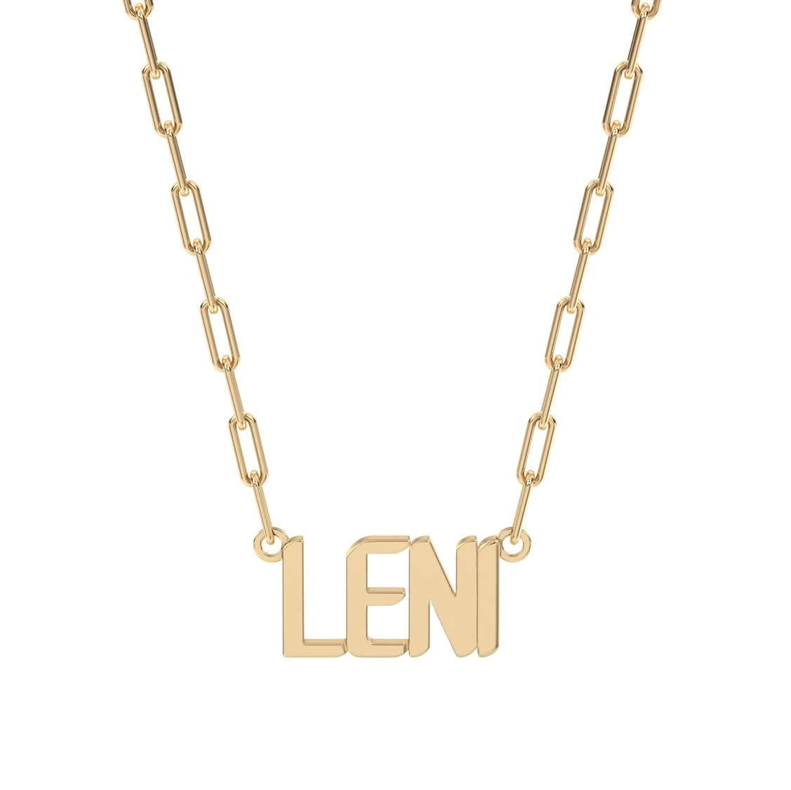 Leni nameplate necklace with paperclip chain in 14k gold