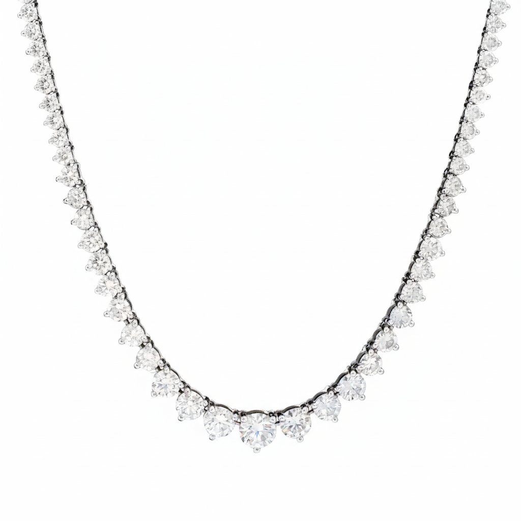 Graduated diamond necklace on a white background