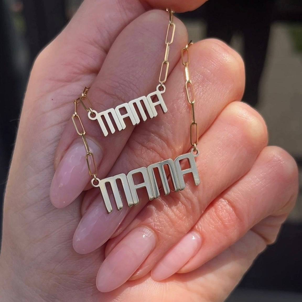 Our 2 mama necklaces in 14k gold 