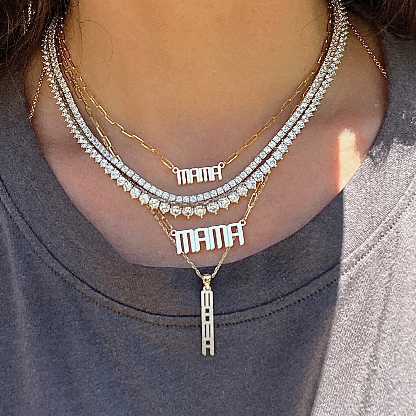 3 styles of mama necklaces and pendant with tennis necklaces 