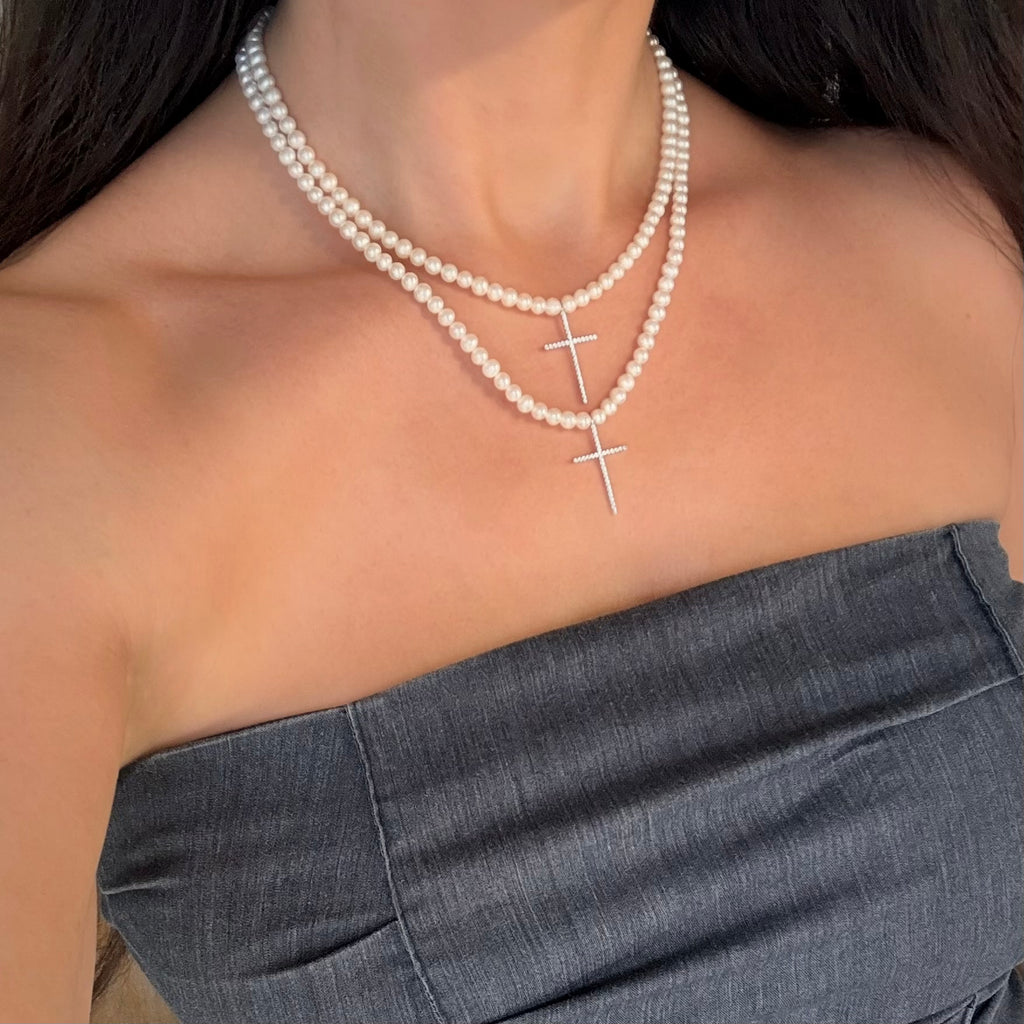 Two pave cross freshwater pearl necklaces 