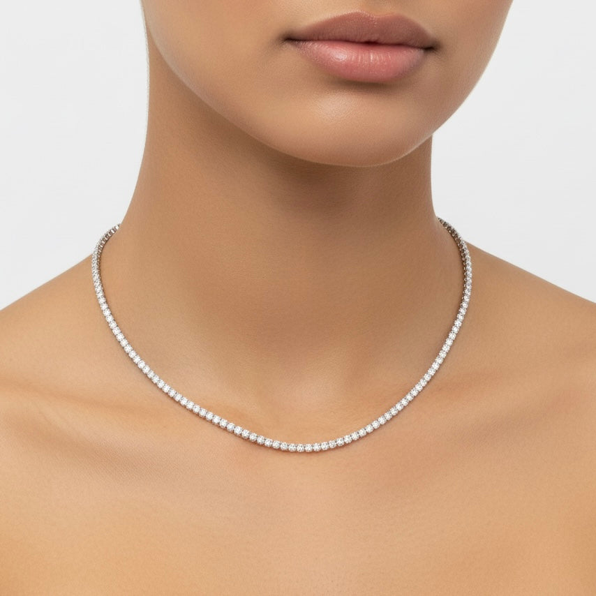 Thin tennis necklace 2mm on a neck
