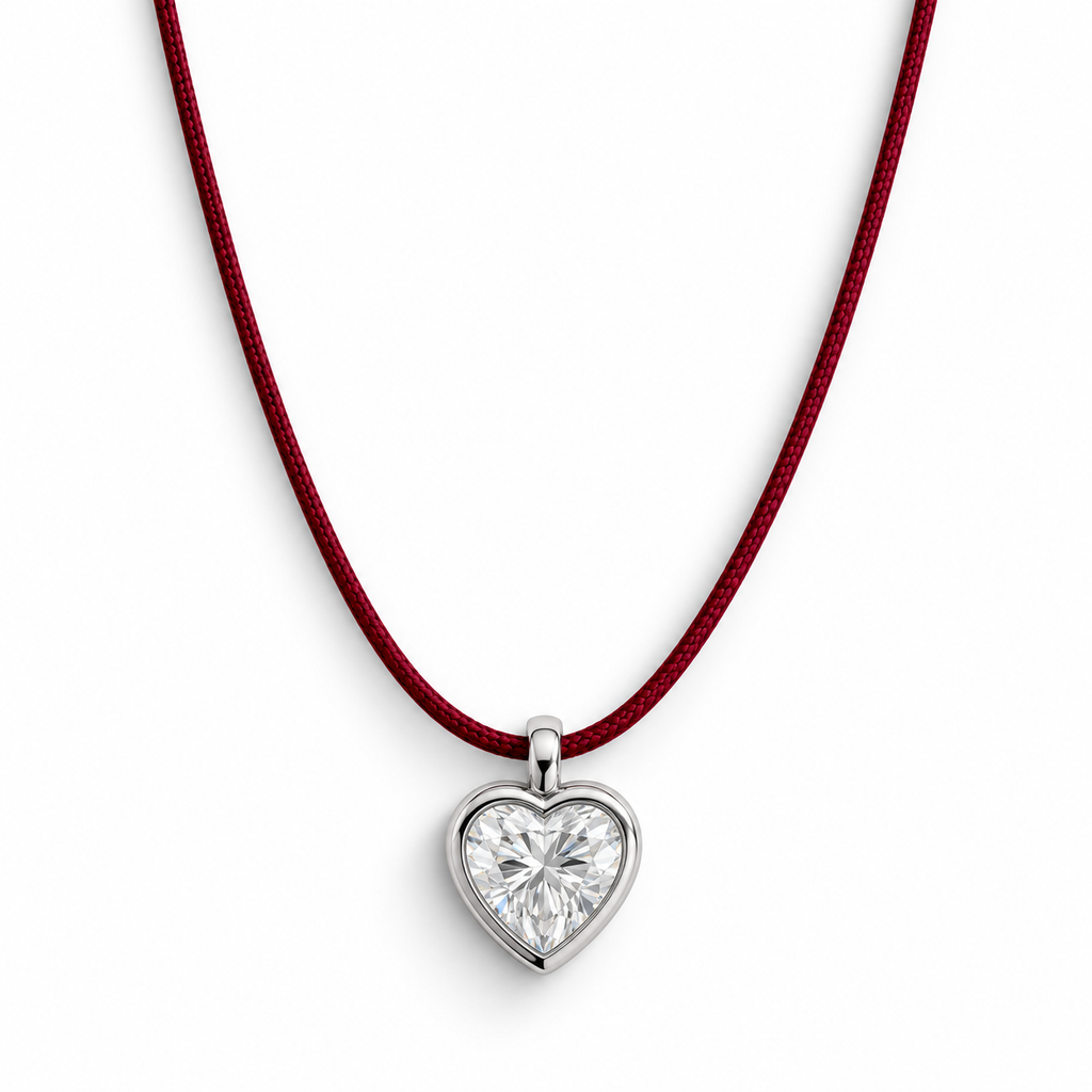 One carat heart bezel pendant on a deep red burgundy cord