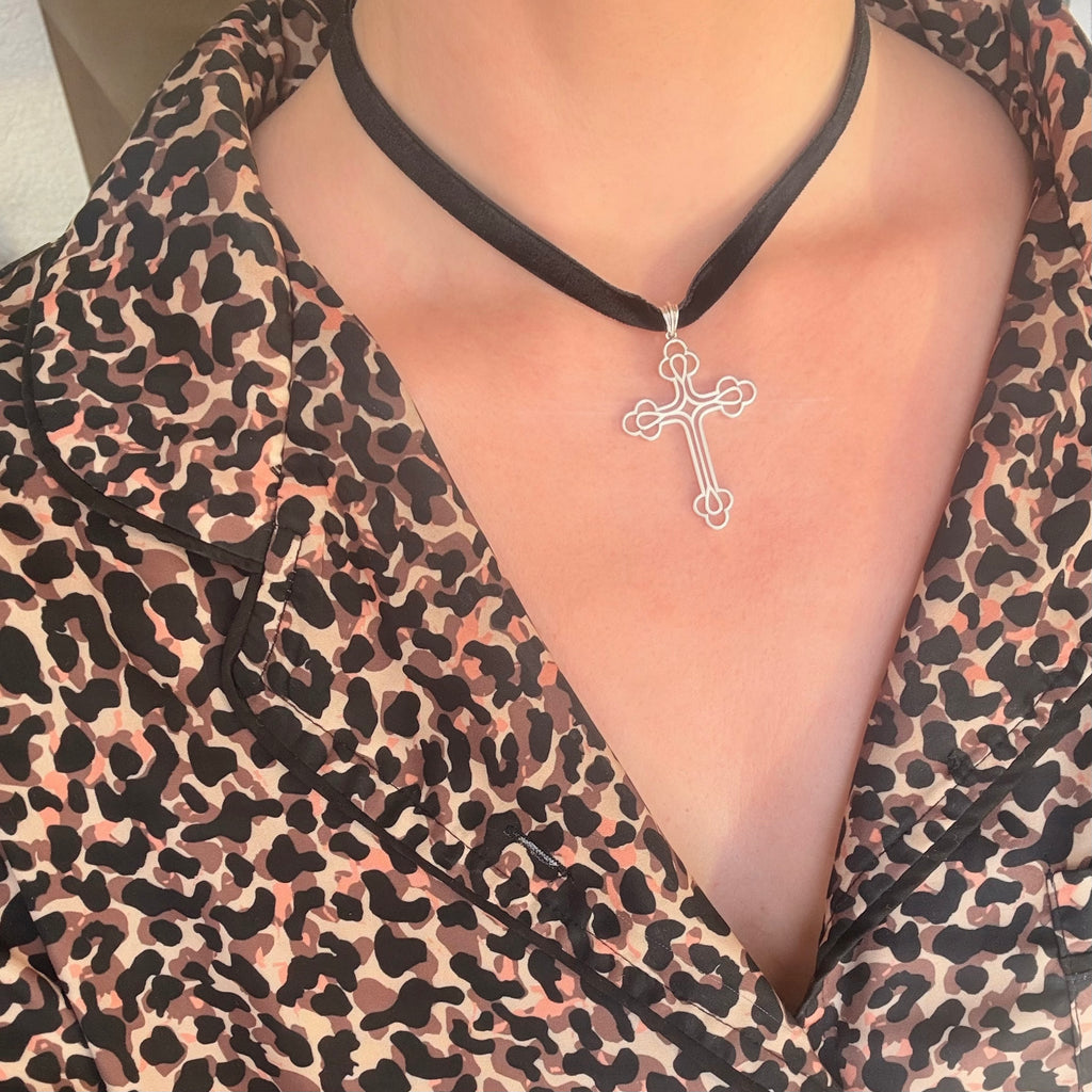 Maxi Sterling silver cross pendant on a black velvet choker necklace 