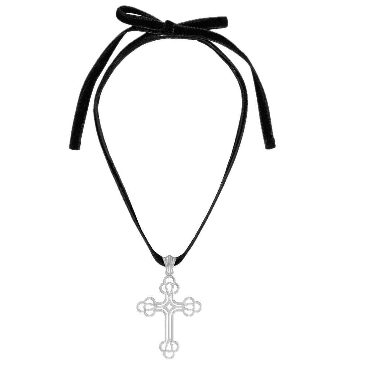 Our Billie cross pendant on a black velvet choker necklace 