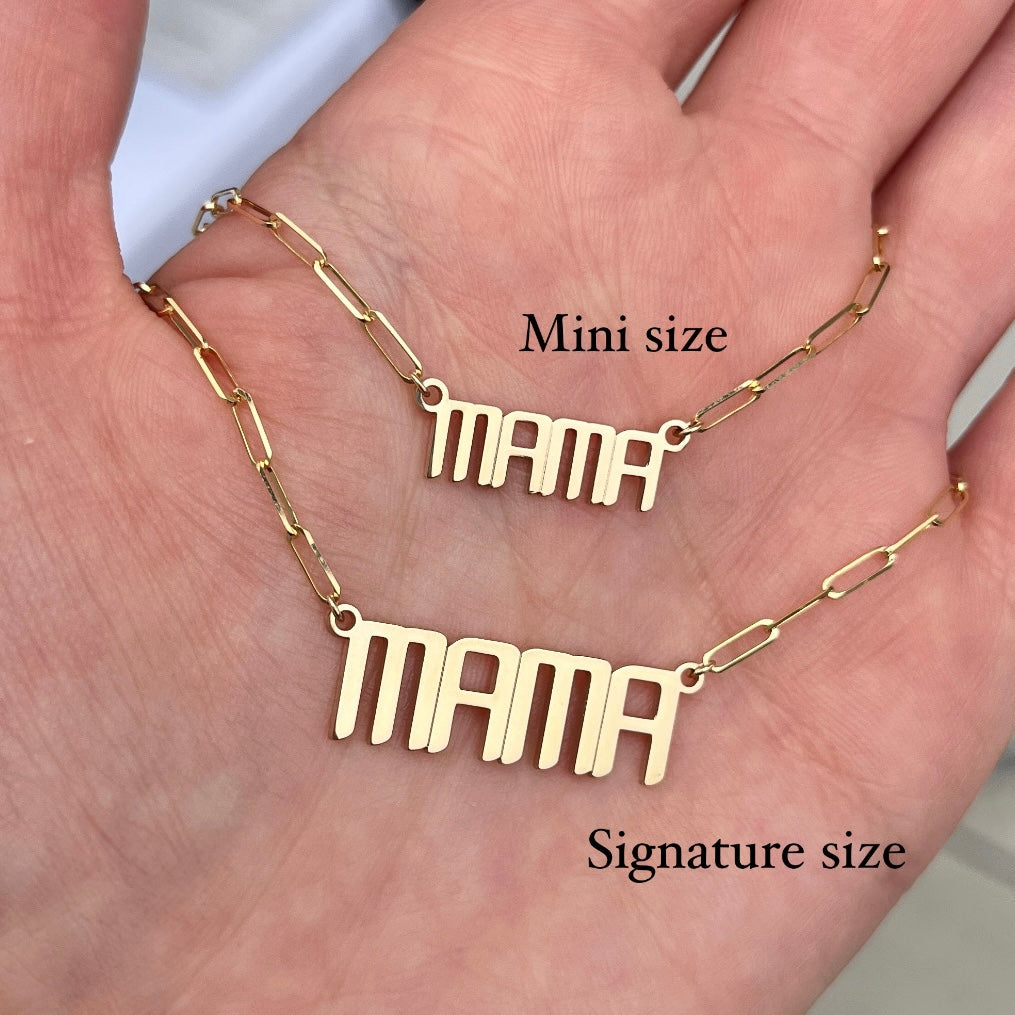 Our mini nameplate necklace versus our signature custom nameplate necklace in 14k gold