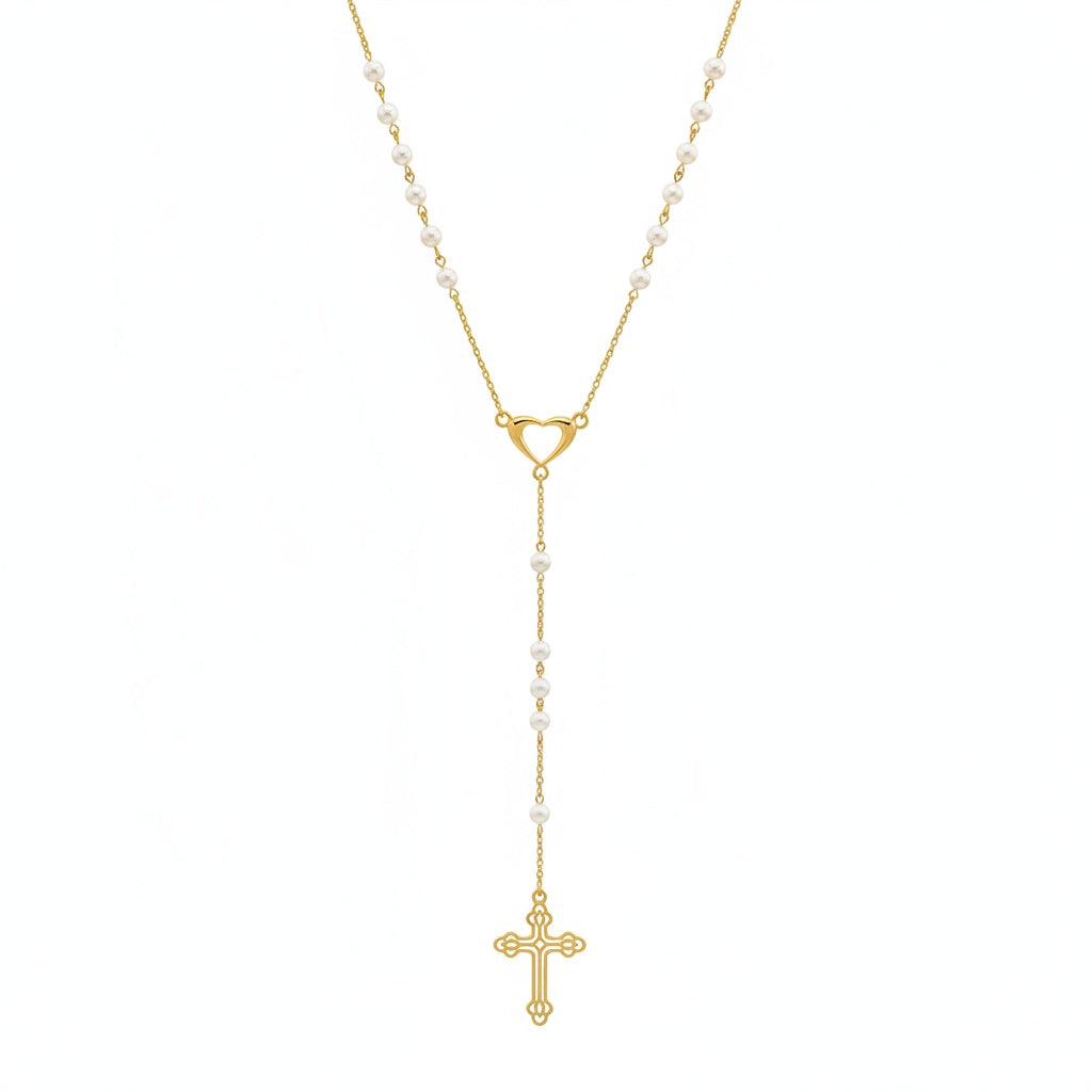 Freshwater pearl rosary necklace in 14 yellow gold