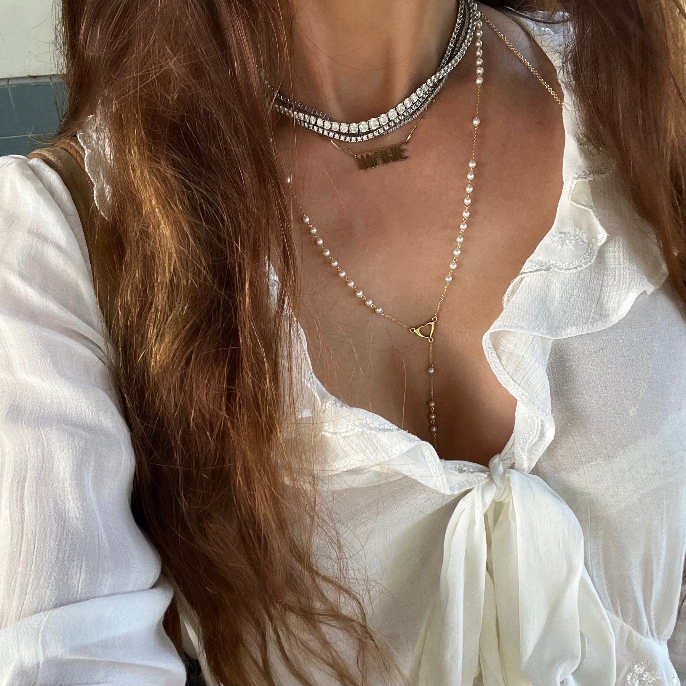 Pearl rosary necklace with gold heart and tennis necklaces 