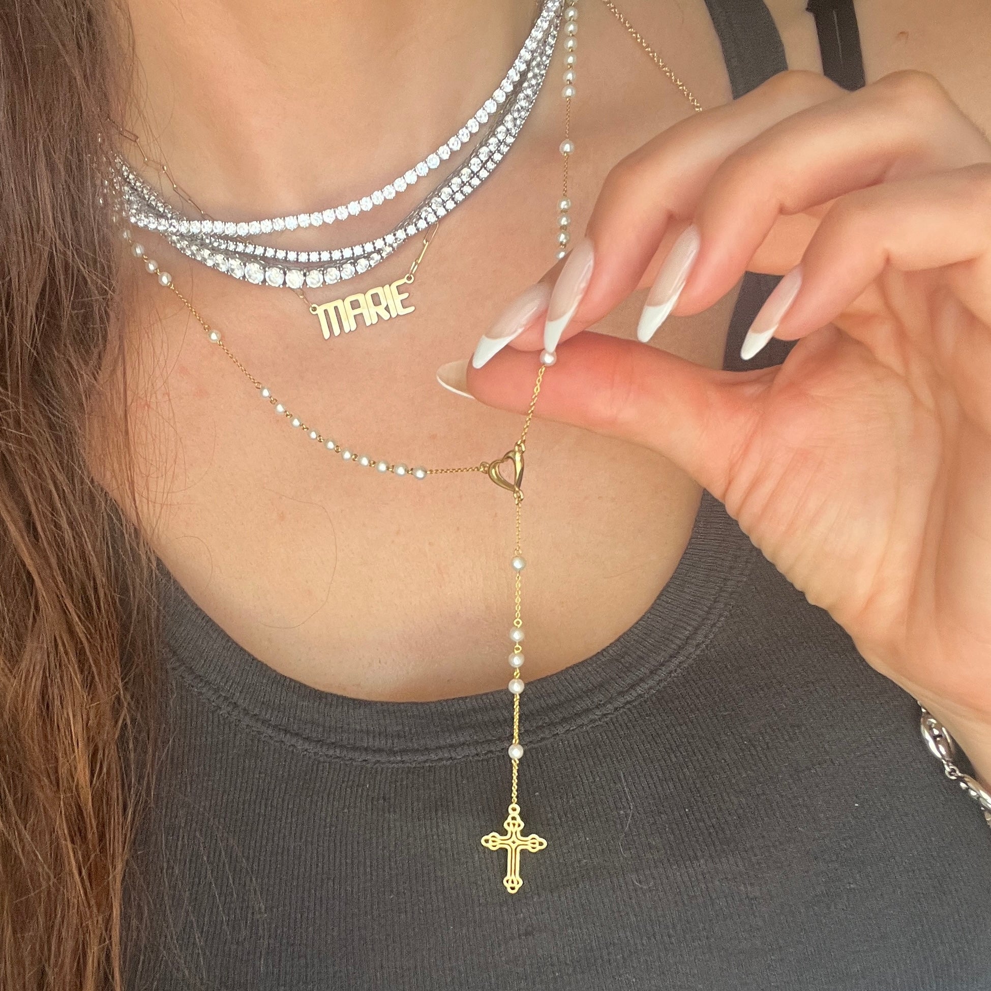 Pearl rosary necklace with gold cross and tennis necklaces 