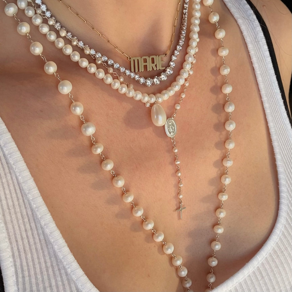 Pearl rosary necklaces and tennis necklace 