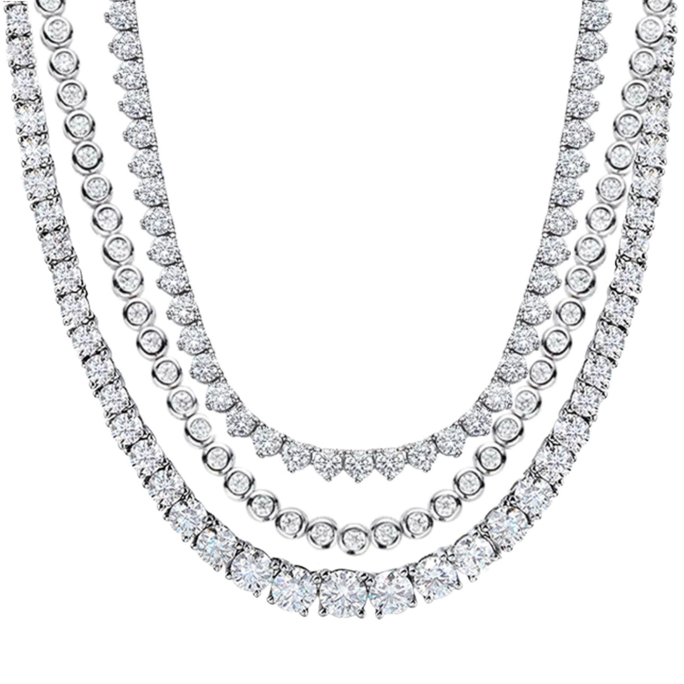 Set of three tennis necklaces to create the perfect neck mess, one graduated, one bezel set, and one 3 prong 