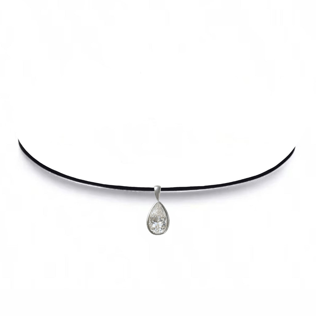 Moissanite pear shaped pendant on black velvet ribbon choker