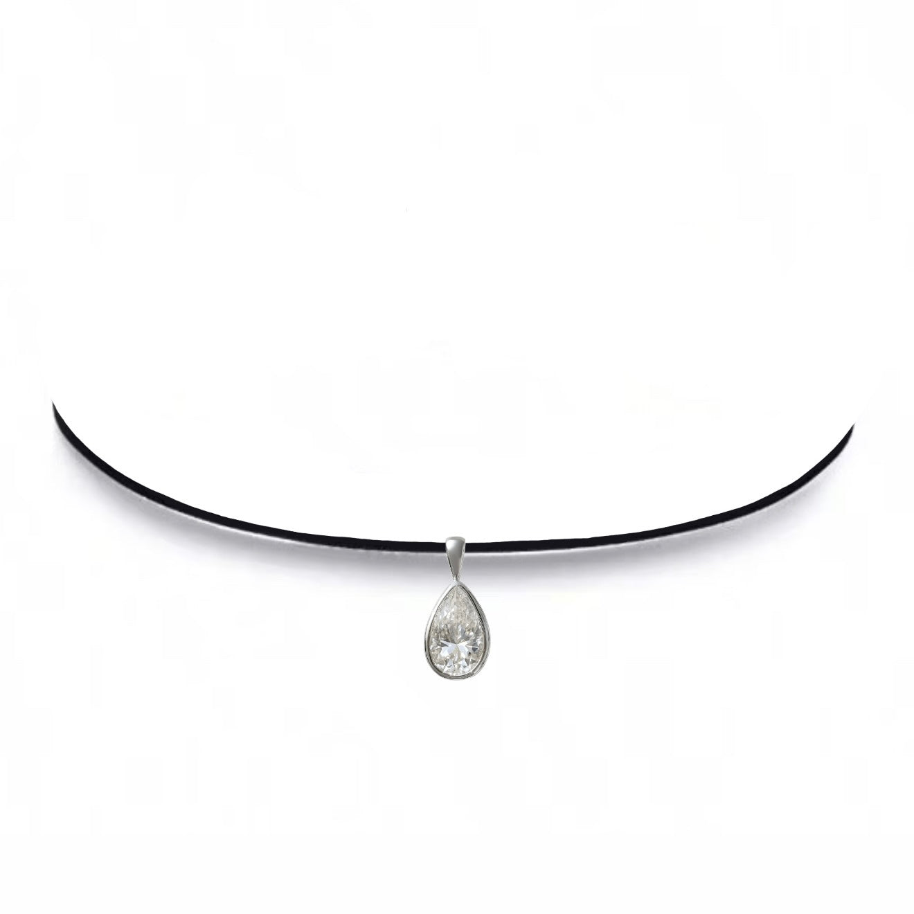 Moissanite pear shaped pendant on black velvet ribbon choker