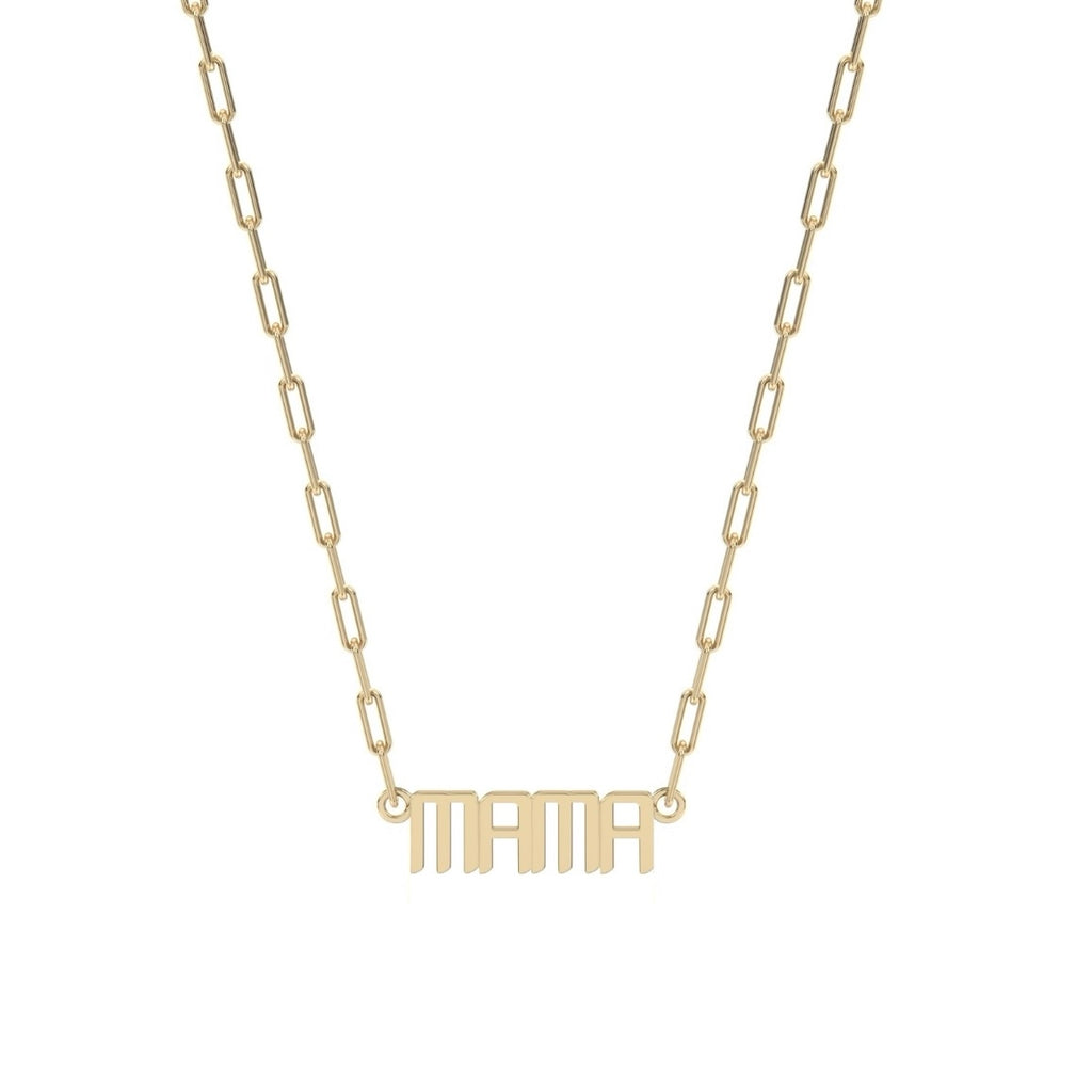 Gold 'MAMA' necklace on a white background