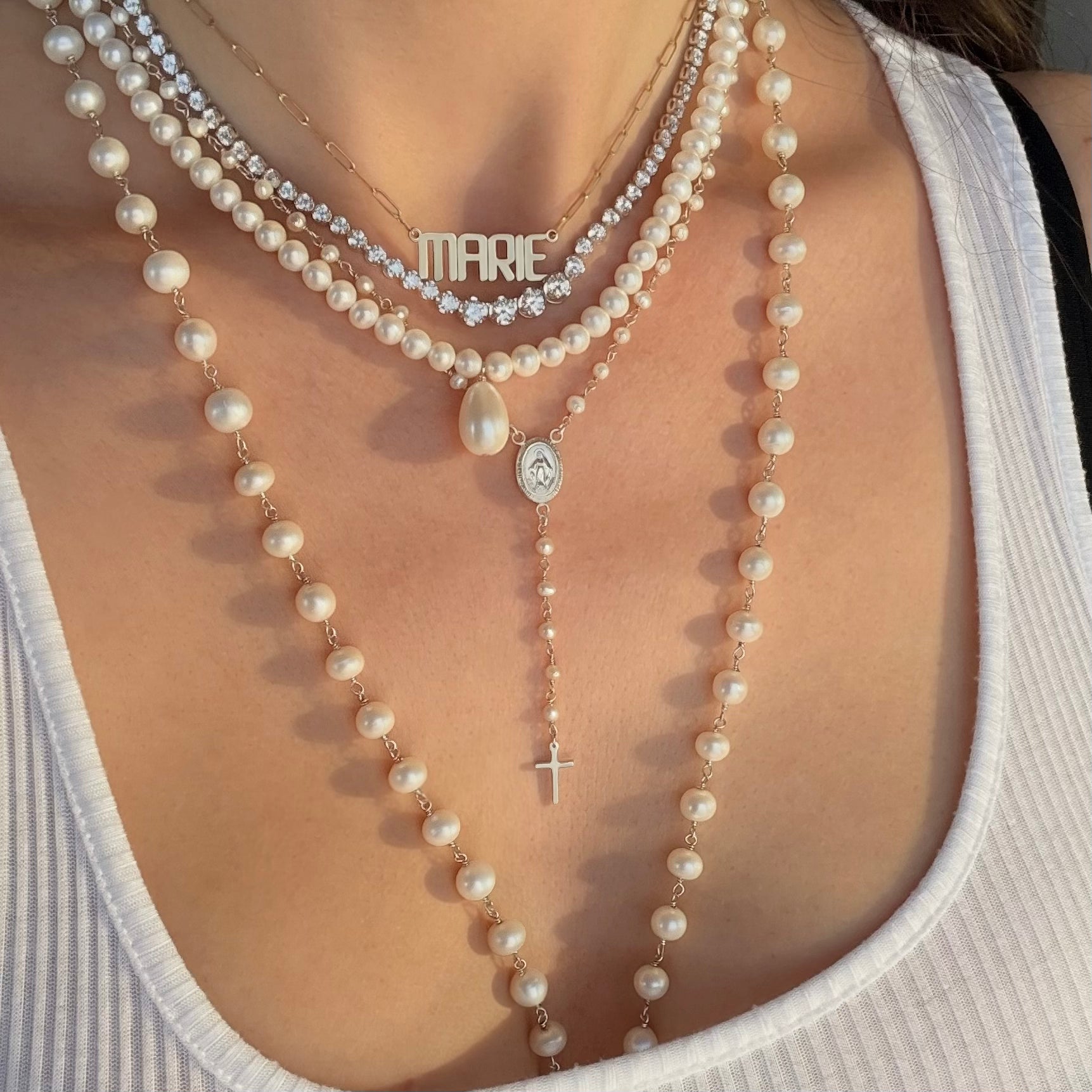 silver pearl rosary necklaces 