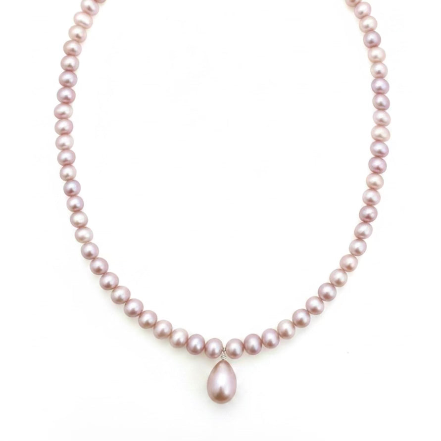 Lavender pink freshwater pearl drop necklace 