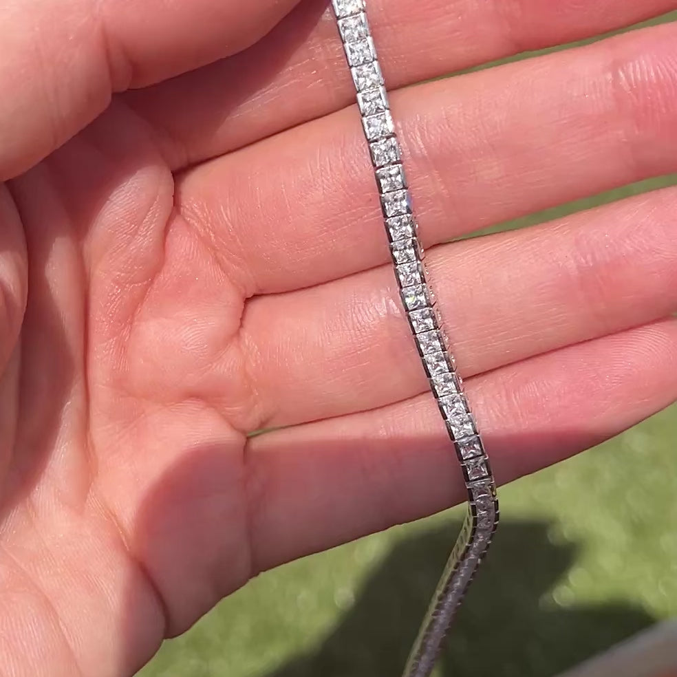 Closeup of our princess cut channel set tennis bracelet 