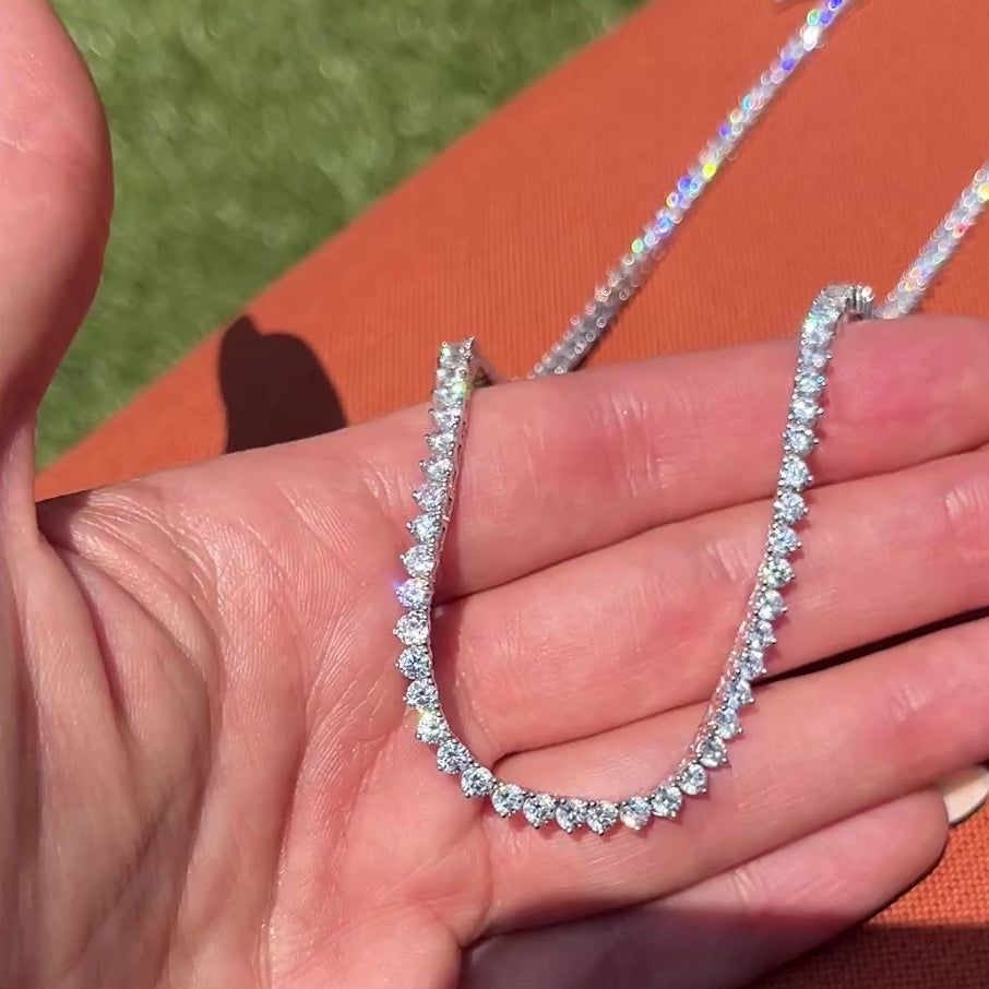 Closeup of our Kate 3mm 3 prong tennis necklace 